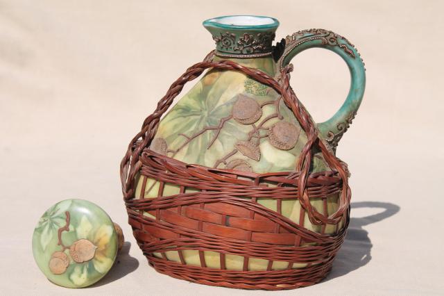 photo of old Japan basket covered china decanter bottle, hand painted moriage acorns & leaves #9