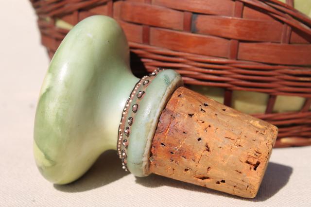 photo of old Japan basket covered china decanter bottle, hand painted moriage acorns & leaves #10