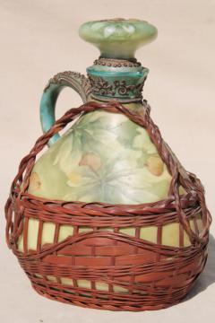 catalog photo of old Japan basket covered china decanter bottle, hand painted moriage acorns & leaves