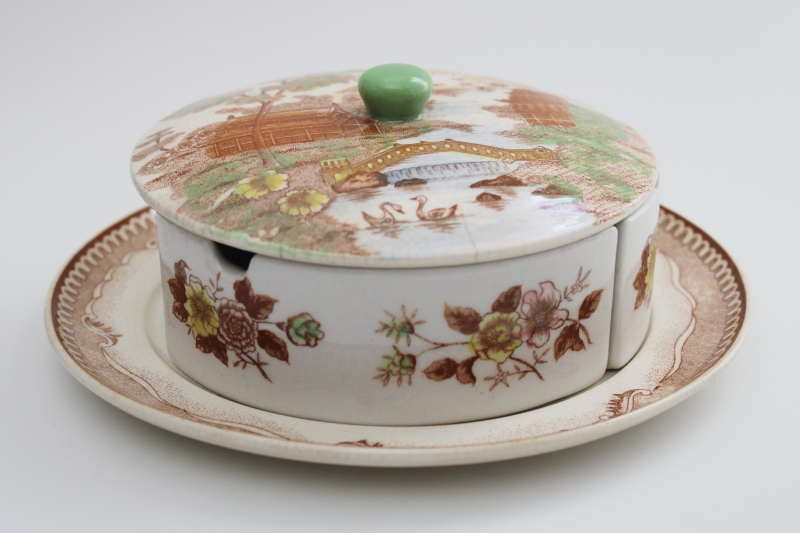 photo of old Japan scene transferware relish set trinket dish, browned crazed vintage patina #1