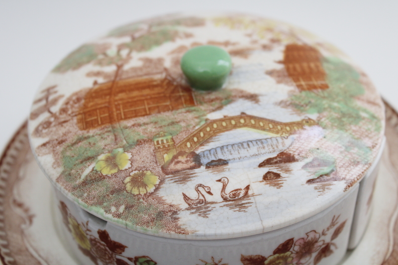 photo of old Japan scene transferware relish set trinket dish, browned crazed vintage patina #5