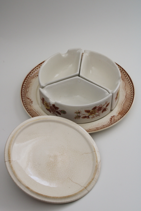 photo of old Japan scene transferware relish set trinket dish, browned crazed vintage patina #6