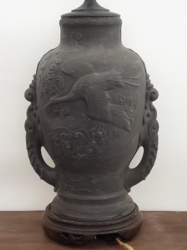 photo of old Japanese bisque table lamp, matte black flying crane porcelain jar #6