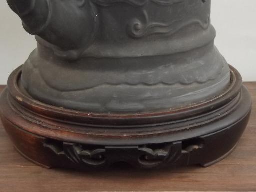 photo of old Japanese bisque table lamp, matte black flying crane porcelain jar #10