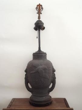 catalog photo of old Japanese bisque table lamp, matte black flying crane porcelain jar