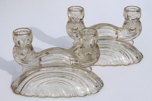 photo of old Mckee depression glass candle holders, shell & scroll branched candlesticks #1