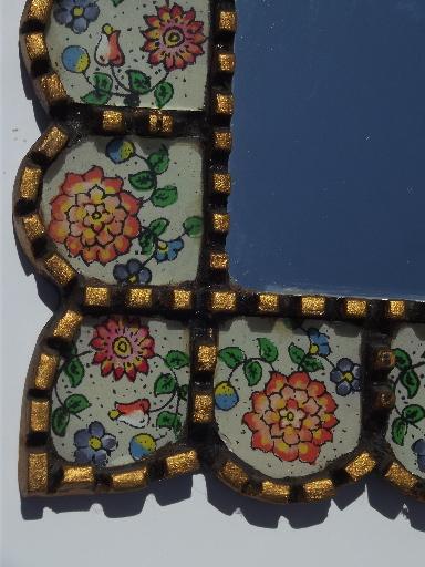 photo of old Mexican folk art mirror picture frame, carved wood painted glass tiles #2