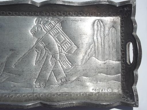 photo of old Mexico etched tin tray w/ agave harvester, vintage Mexican folk art #4