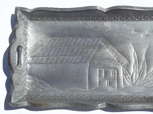 photo of old Mexico etched tin tray w/ agave harvester, vintage Mexican folk art #5