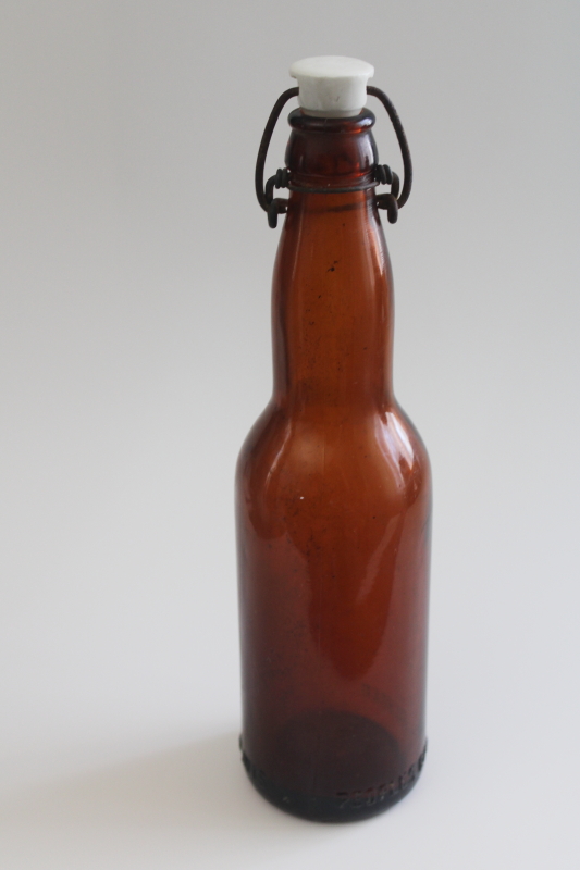 photo of old Oshkosh Peoples Brewing amber glass beer bottle with wire bail porcelain top  #1