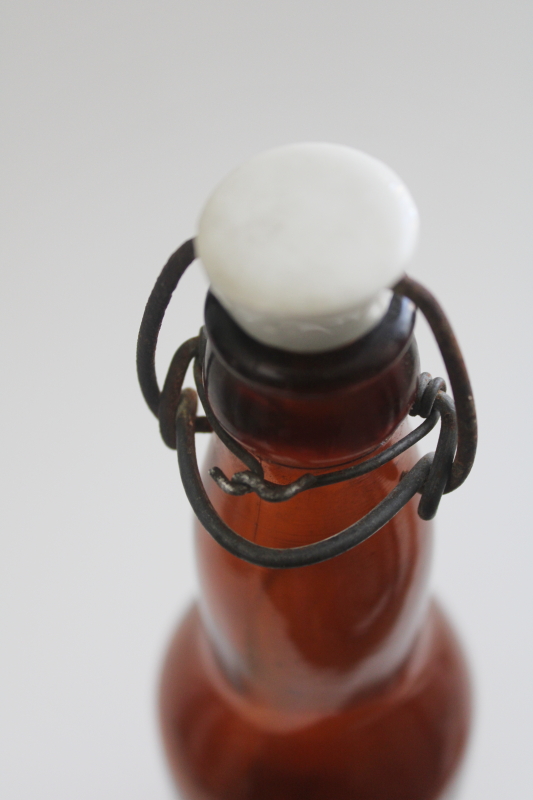 photo of old Oshkosh Peoples Brewing amber glass beer bottle with wire bail porcelain top  #5