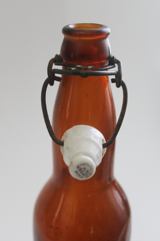 photo of old Oshkosh Peoples Brewing amber glass beer bottle with wire bail porcelain top  #6