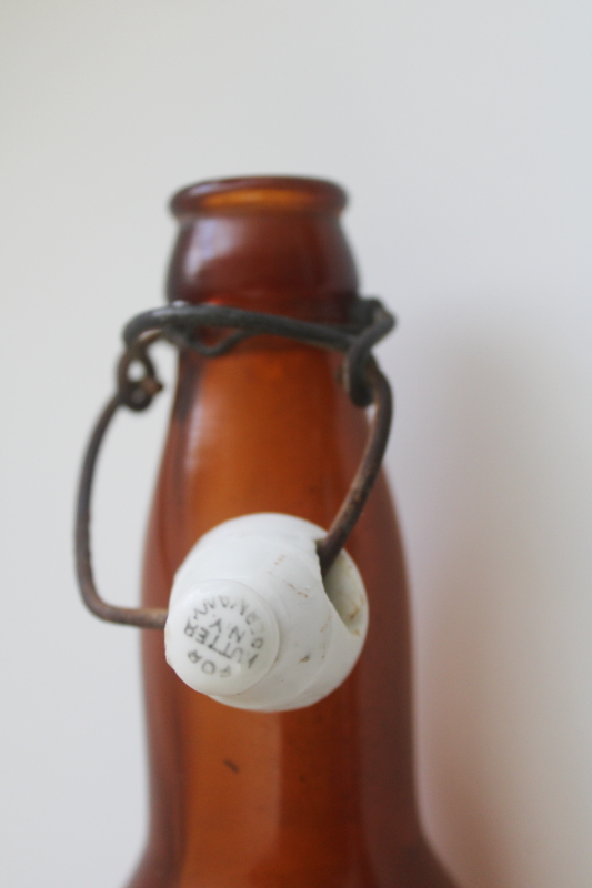 photo of old Oshkosh Peoples Brewing amber glass beer bottle with wire bail porcelain top  #7