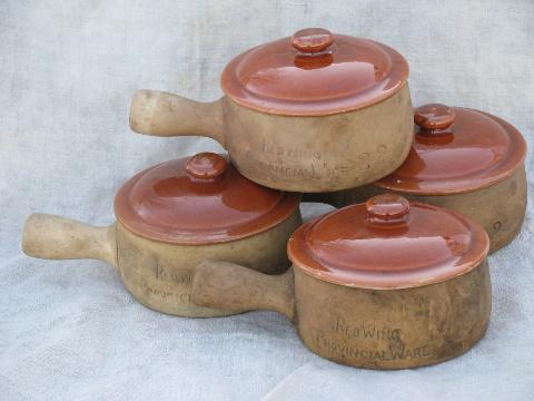 photo of old Provincial Ware Red Wing pottery casseroles or handled onion soups #1