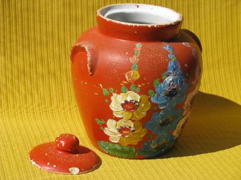 photo of old Ransburg stoneware cookie jar crock, handpainted flowers on orange #2