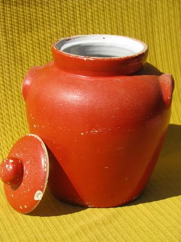 photo of old Ransburg stoneware cookie jar crock, handpainted flowers on orange #3