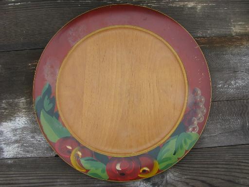 photo of old Robin Hood Ware wood serving plate or tray, painted fruit border #1