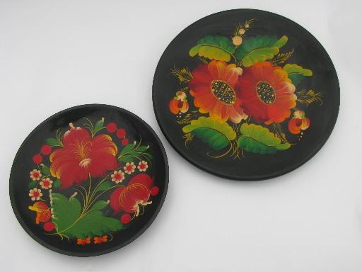 photo of old Russian lacquerware plates, folk art hand-painted flowers on black #1