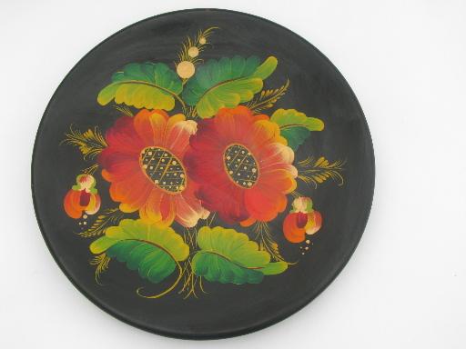 photo of old Russian lacquerware plates, folk art hand-painted flowers on black #2