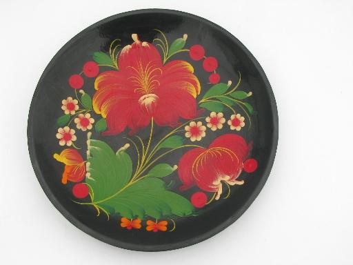 photo of old Russian lacquerware plates, folk art hand-painted flowers on black #3