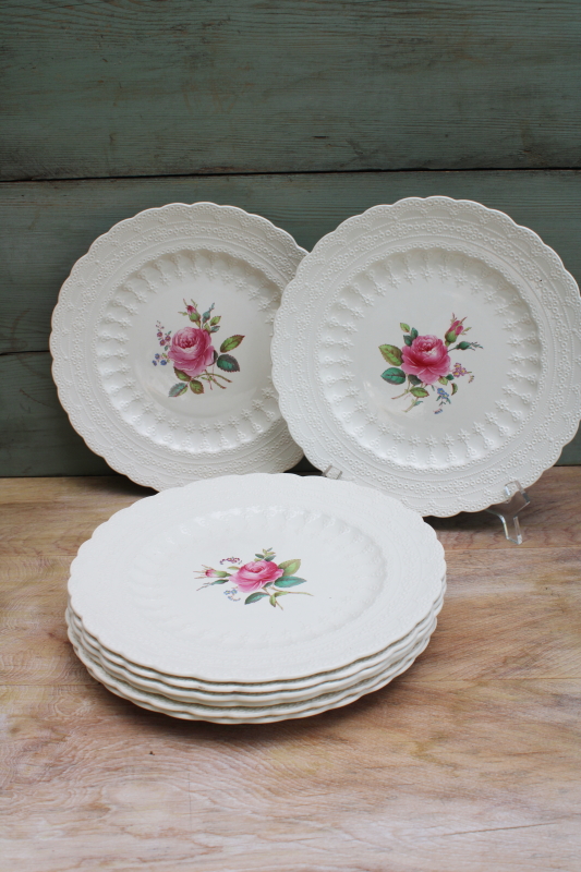 photo of old Spode china dinner plates embossed Jewel shape Billingsley Rose floral vintage set #1