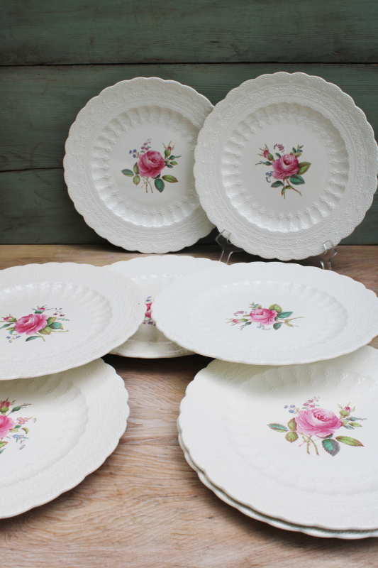 photo of old Spode china dinner plates embossed Jewel shape Billingsley Rose floral vintage set #10