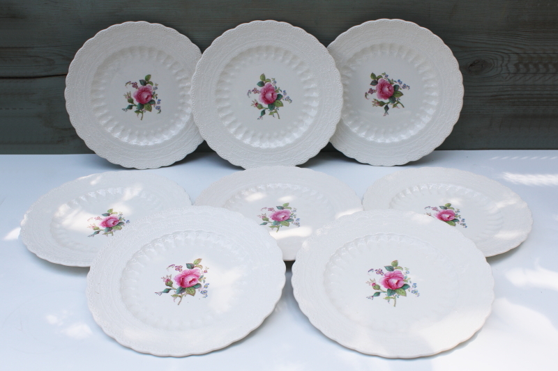 photo of old Spode china salad plates embossed Jewel shape Billingsley Rose floral vintage set #1