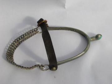 catalog photo of old Sportsman made in France horse tack spur, brass w/ leather strap