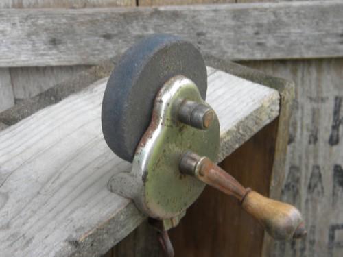 photo of old Steel Case hand cranked tool grinder or sharpener w/clamping base #1