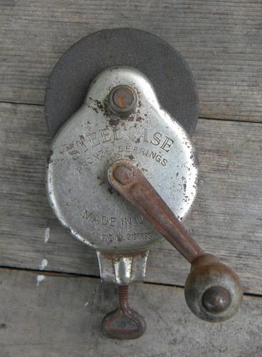 photo of old Steel Case hand cranked tool grinder or sharpener w/clamping base #2