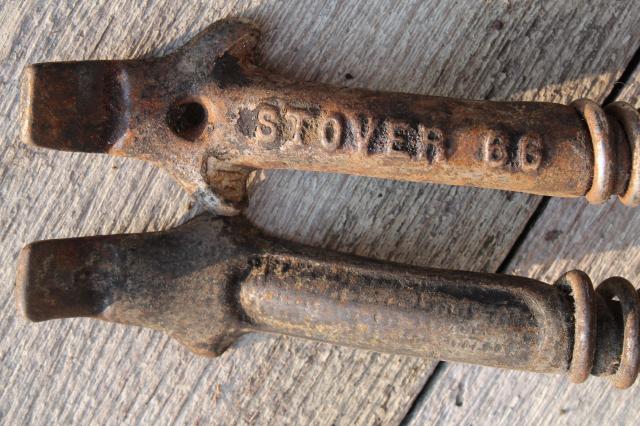 photo of old Stover & Monarch wood stove tools, lifter handles for burner hot plates, coal grate handle #4