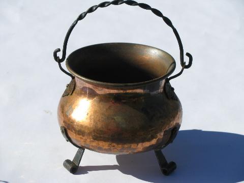 photo of old Swiss hammered copper kettle w/ wrought iron handle, vintage Switzerland #1