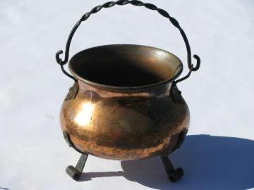 catalog photo of old Swiss hammered copper kettle w/ wrought iron handle, vintage Switzerland