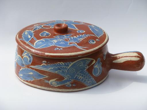 photo of old Tlaquepaque pottery, hand-painted Mexican pottery bowl w/ handle #1