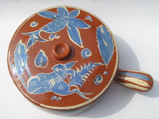 photo of old Tlaquepaque pottery, hand-painted Mexican pottery bowl w/ handle #2