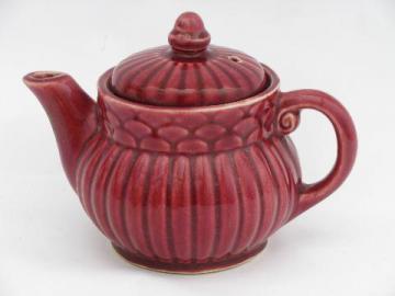 catalog photo of old USA mark, Shawnee pottery tea pot, 40s vintage burgundy red teapot