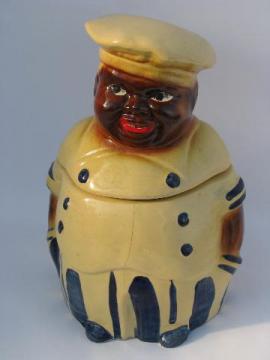 catalog photo of old USA pottery cookie jar, fat jolly cook, vintage black americana