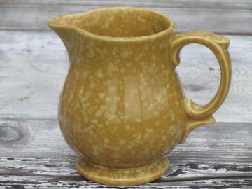 catalog photo of old USA pottery milk pitcher, mustard yellow gold spongeware pitcher