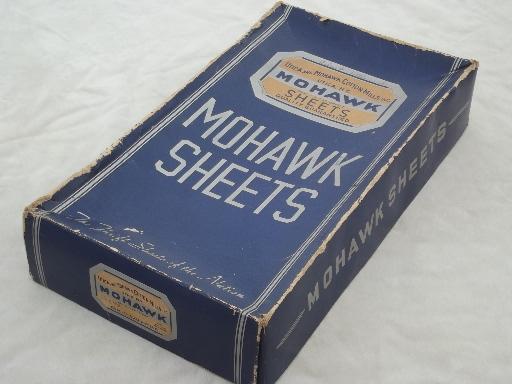 photo of old Utica Mohawk advertising label, original vintage box for cotton sheets #1