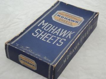 catalog photo of old Utica Mohawk advertising label, original vintage box for cotton sheets