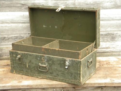 photo of old WWII vintage olive drab US Army foot locker trunk or chest #6