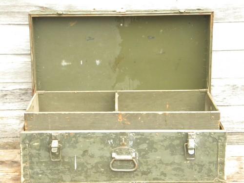 photo of old WWII vintage olive drab US Army foot locker trunk or chest #7