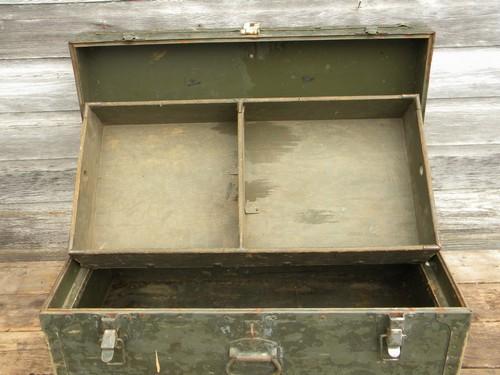 photo of old WWII vintage olive drab US Army foot locker trunk or chest #8