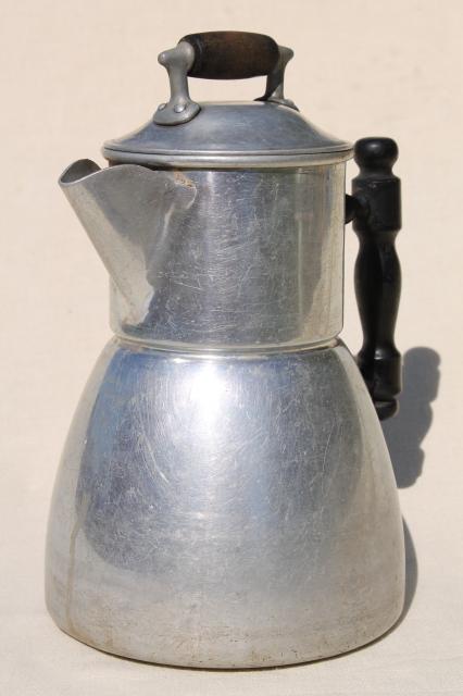 photo of old Wear Ever aluminum stovetop coffeepot, primitive vintage coffee pot w/ wood handles #1