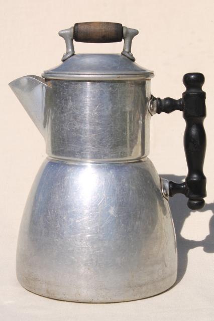 photo of old Wear Ever aluminum stovetop coffeepot, primitive vintage coffee pot w/ wood handles #4