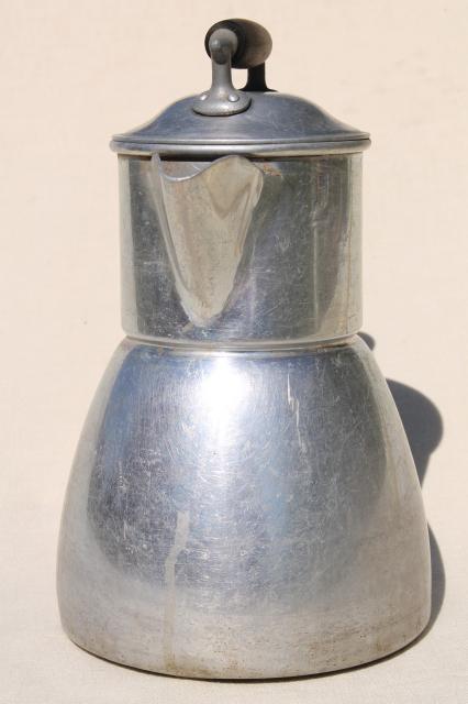 photo of old Wear Ever aluminum stovetop coffeepot, primitive vintage coffee pot w/ wood handles #8