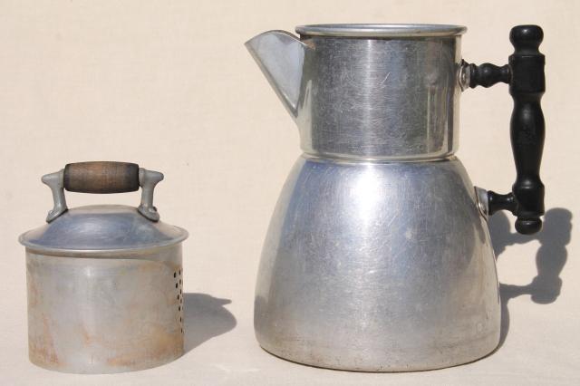 photo of old Wear Ever aluminum stovetop coffeepot, primitive vintage coffee pot w/ wood handles #9