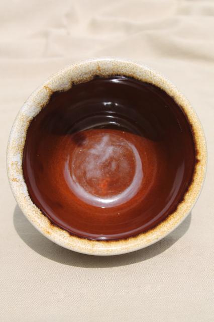 photo of old Western stoneware mixing bowl, vintage Monmouth USA brown drip pottery maple leaf mark #2