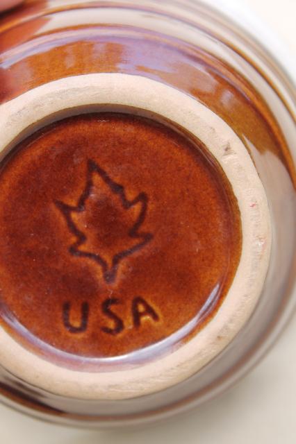 photo of old Western stoneware mixing bowl, vintage Monmouth USA brown drip pottery maple leaf mark #5