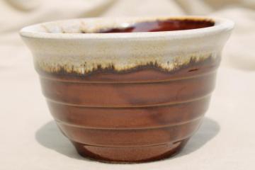 catalog photo of old Western stoneware mixing bowl, vintage Monmouth USA brown drip pottery maple leaf mark